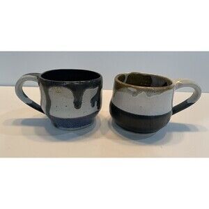 Handmade 90's Pottery Ceramic Glazed Drip Mug Set 2 Coffee Cup Mug Blue Brown
